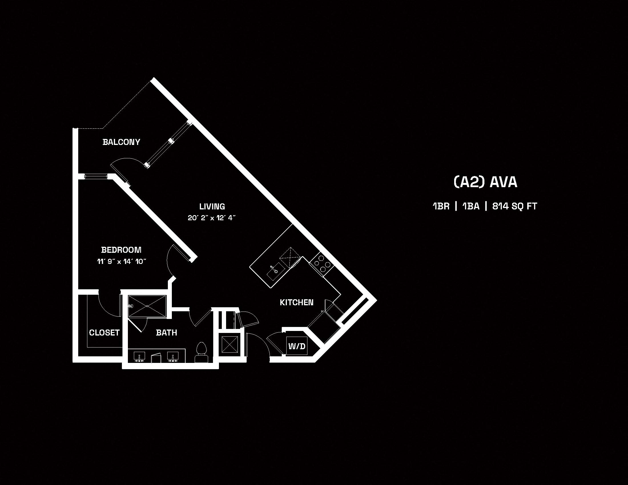 Floor plan for 1 bed, 1 bath, 814 sqft
